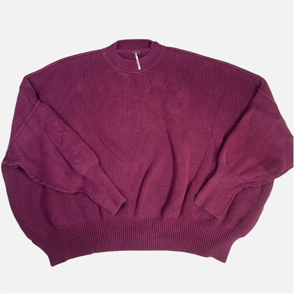 Free People Oversized Mock Neck Ribbed Sweater Berry Magenta Dolman Sleeve S/P